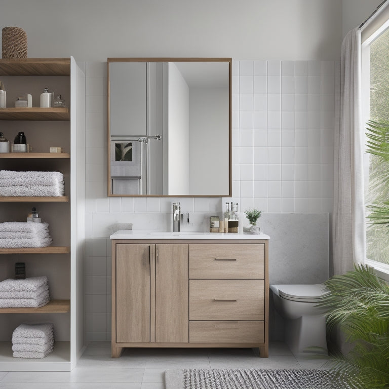 A serene, modern bathroom with a floating vanity, featuring a slide-out cabinet, a recessed medicine cabinet, and a wall-mounted shelf with woven baskets, surrounded by calming gray and white tones.