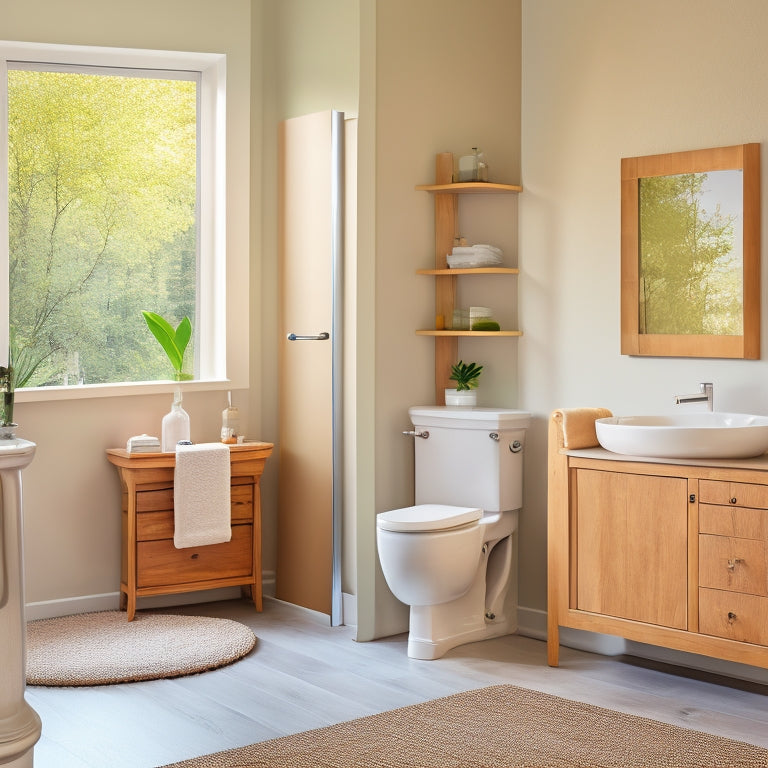 A serene, modern bathroom with a wall-mounted cabinet, a pedestal sink with built-in storage, and a shower caddy, surrounded by a calm, spa-like atmosphere and plenty of natural light.