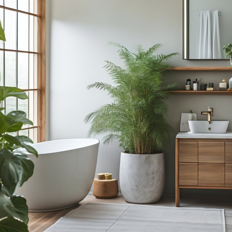 A serene, minimalist bathroom with a freestanding tub, surrounded by a few, carefully placed, lush green plants, and a few, neatly arranged, bathroom essentials on a sleek, wooden shelf.