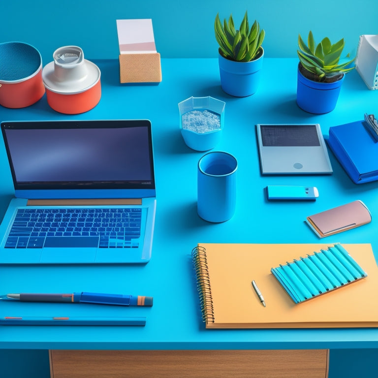 An illustration of a tidy, organized desk with a laptop, notebooks, and colorful pens, surrounded by a subtle background of subtle, gradient blue tones, evoking a sense of calm productivity.