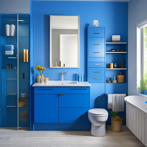 A modern bathroom with five wall-mounted cabinets in various shades of blue, each with a unique design and style, against a crisp white background, with subtle bathroom accessories and ambient lighting.