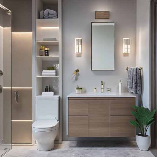 A modern bathroom with a wall-mounted cabinet featuring a large, rectangular mirror with a subtle frame, surrounded by sleek lighting, and adorned with decorative accessories and personal care items.