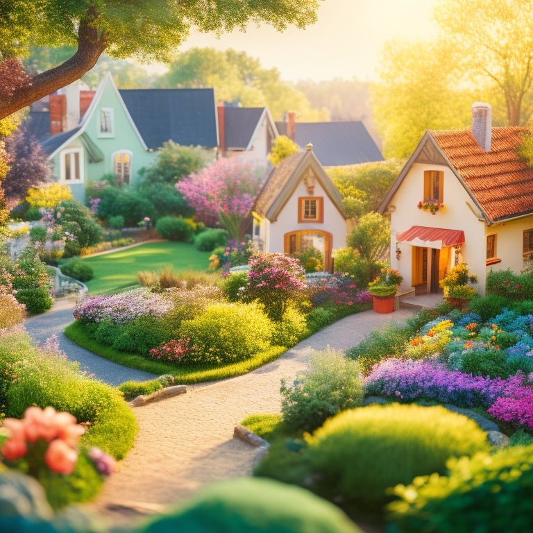 A serene, sunlit village with tiny, colorful homes, vibrant gardens, and bustling community spaces, surrounded by lush greenery and a subtle cityscape in the background.