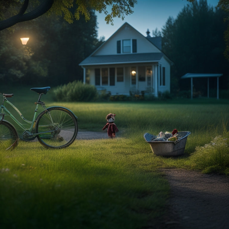 A haunting, dimly lit, abandoned suburban street with a "For Sale" sign on a lawn, surrounded by overgrown grass and weeds, with a few scattered, forgotten toys and a broken bicycle.