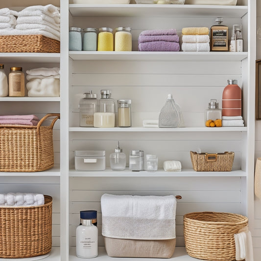 A tidy bathroom closet with cream-colored shelves, glass jars, and woven baskets, featuring a variety of neatly organized toiletries and linens, with colorful free labels adorning each container.