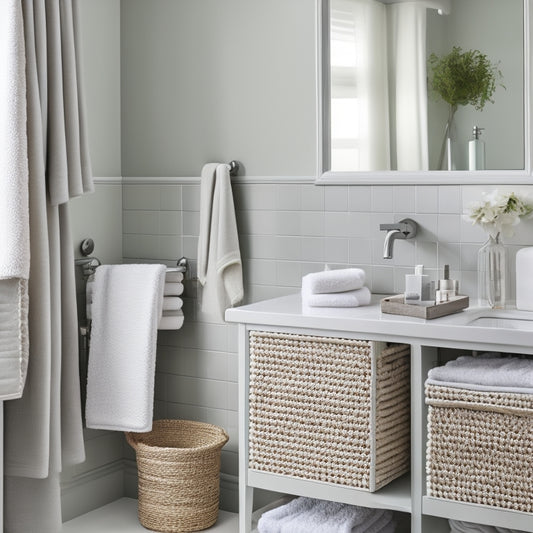 A serene, minimalist bathroom with a double sink vanity, a few neatly arranged toiletries, and a woven basket storing towels, set against a calming white and gray color scheme.