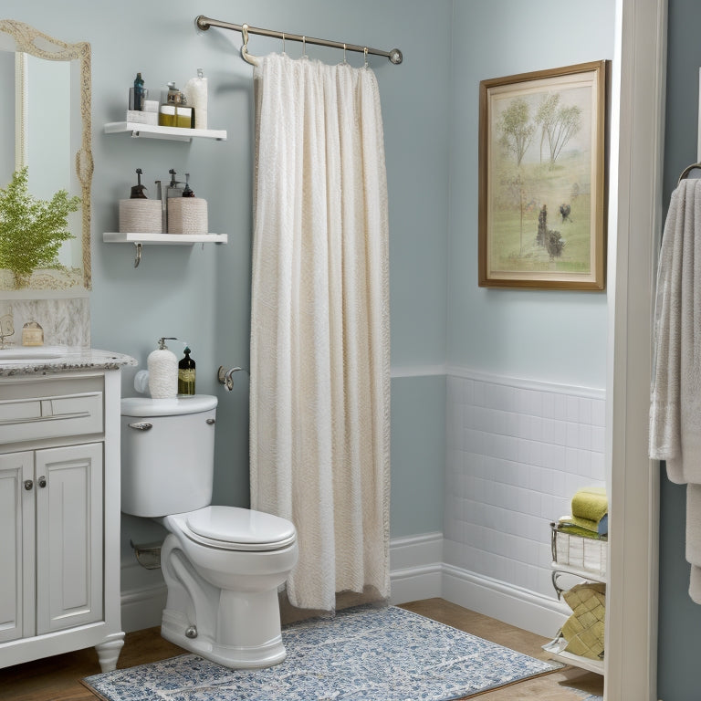 A tidy studio apartment bathroom with a pedestal sink, a toilet, and a shower curtain, featuring a recessed medicine cabinet, a tiered storage cart, and a hanging shelf with rolled towels and baskets.