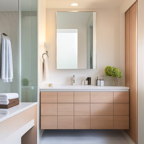 A sleek, contemporary bathroom featuring minimalist cabinetry, hidden pull-out shelves, and a floating vanity. Soft lighting highlights discreet storage compartments and organized toiletries, with a serene color palette of whites and muted grays.