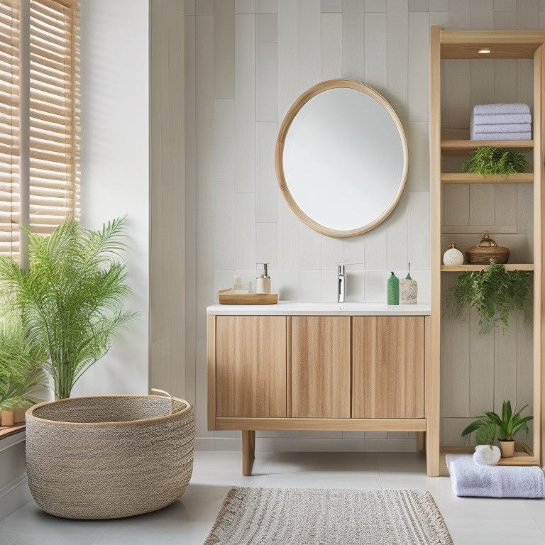 A serene, modern bathroom featuring a curved bamboo cabinet with sliding doors, a woven basket suspended from the ceiling, and a wall-mounted bamboo shelf with rolled towels and potted plants.