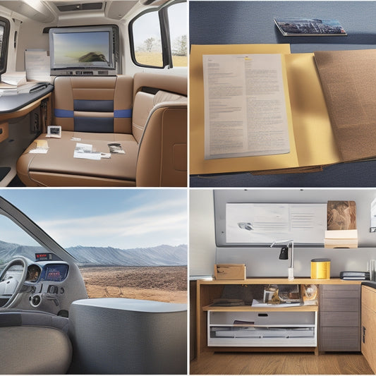A split-screen illustration of a RAM Promaster van's interior, with a messy, cluttered side featuring scattered papers, folders, and manuals, contrasted with an organized side showcasing a neatly arranged binder and digital tablet.