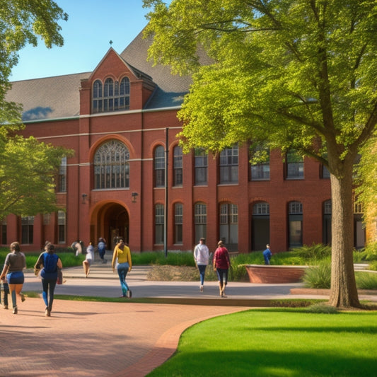 A bright, modern university campus scene with a prominent red-brick building, lush greenery, and students walking in the background; a large, opened handbook lies on a wooden bench in the foreground.