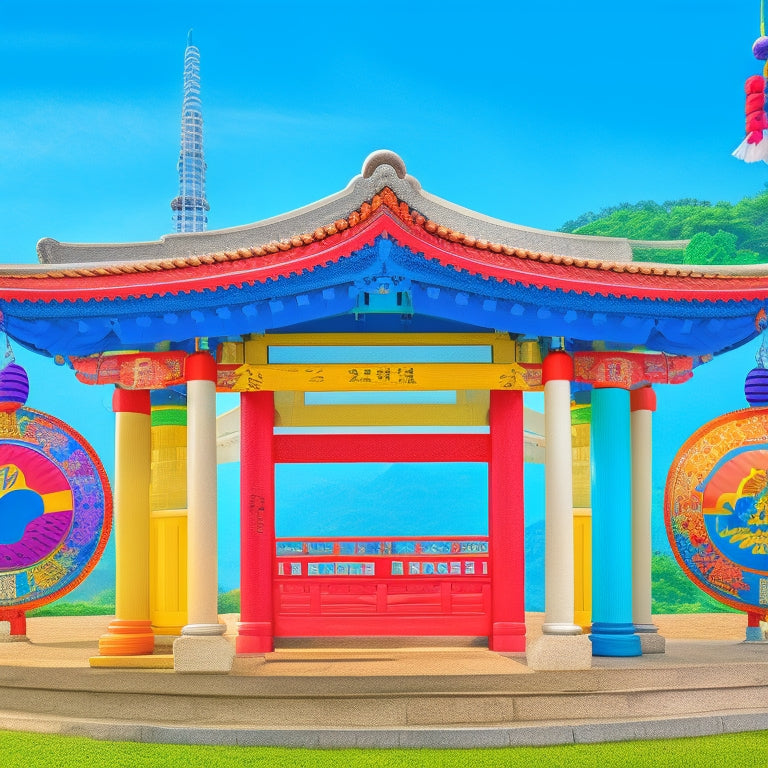 A vibrant illustration of a Korean-style gate or pagoda surrounded by speech bubbles containing simple, colorful icons representing common Korean words, such as a bowl of rice or a Korean flag.