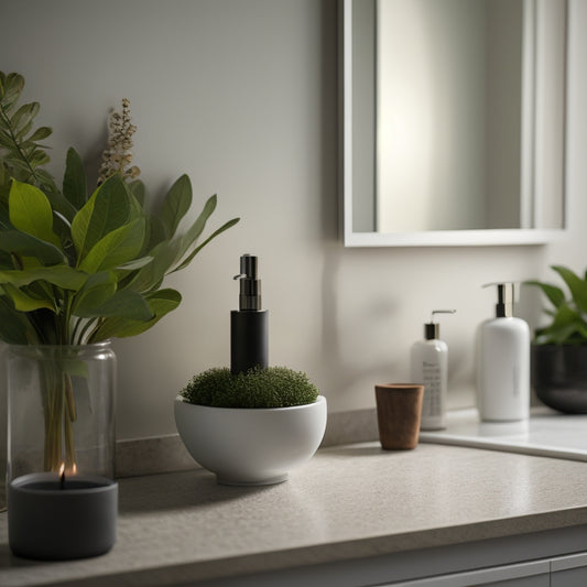 A serene bathroom countertop with a few strategically placed, minimalist decorative items, such as a small potted plant and a candle, surrounded by ample empty space.