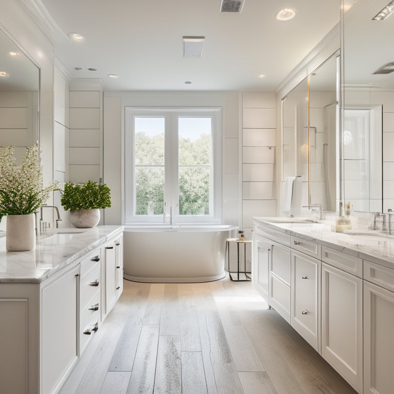 A serene white bathroom with a freestanding tub, marble countertops, and a wall of floor-to-ceiling mirrors, featuring sleek, handle-less white drawers with chrome hardware and subtle LED lighting.