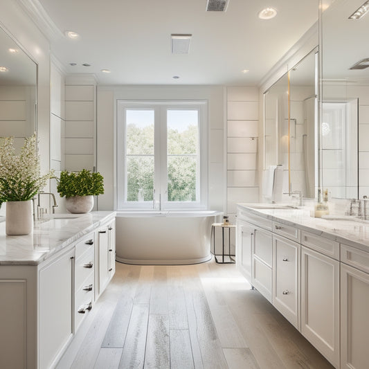 A serene white bathroom with a freestanding tub, marble countertops, and a wall of floor-to-ceiling mirrors, featuring sleek, handle-less white drawers with chrome hardware and subtle LED lighting.