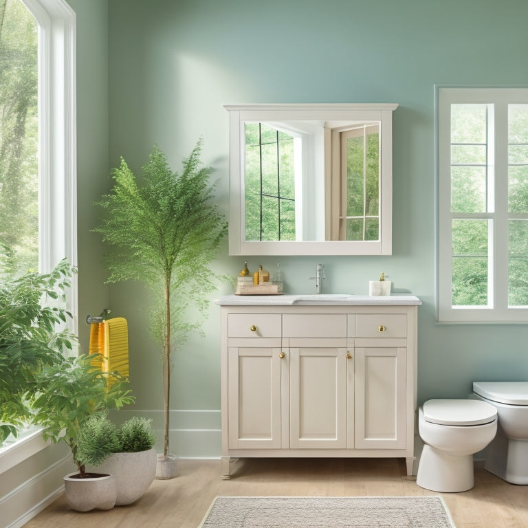 A serene bathroom scene with a wall-mounted cabinet, soft-close drawers, and a freestanding shelving unit, all in a calming white and gray color scheme, surrounded by lush greenery.