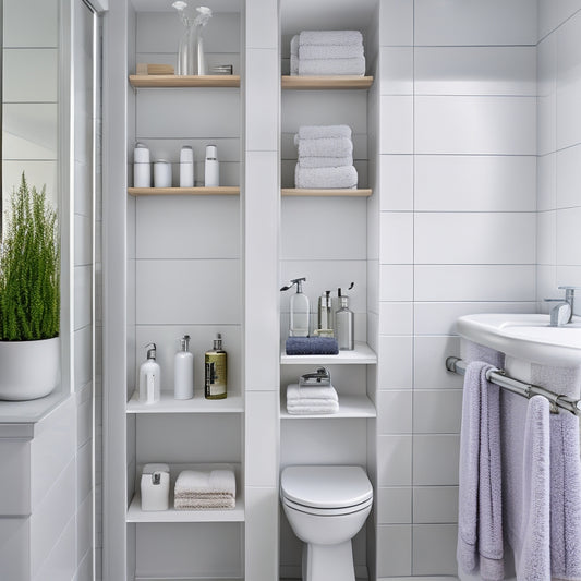 A sleek, modern small bathroom with a wall-mounted shelving unit featuring five narrow, chrome-finished shelves, each holding rolled towels, decorative bottles, and a few toiletries, against a soft, creamy-white background.