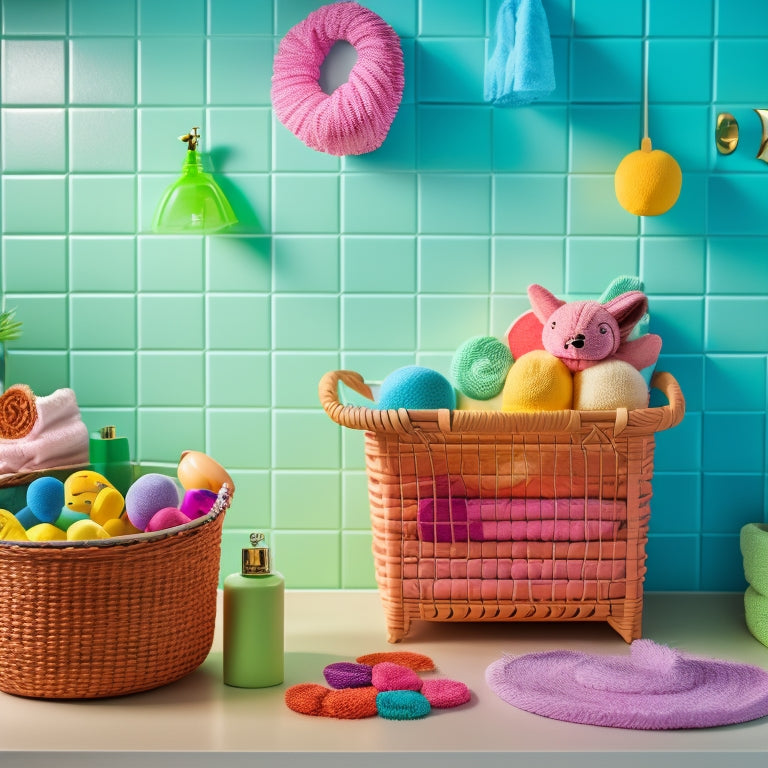 A colorful, clutter-free bathroom countertop with a woven basket, a stack of neatly arranged bath toys, and a few strategically placed suction cups holding a few favorite toys on the wall.