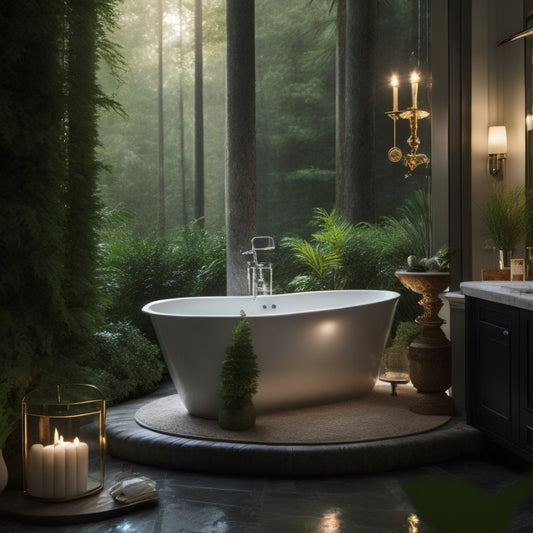 A serene, candle-lit bathroom with marble countertops, a freestanding tub, and a floor-to-ceiling glass shower, surrounded by lush greenery and soft, warm lighting, evoking relaxation and tranquility.