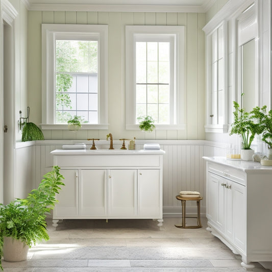 A serene bathroom with a large, wall-mounted white wooden cabinet featuring ornate hardware, surrounded by soft, creamy tile, a freestanding tub, and lush greenery, bathed in warm, natural light.