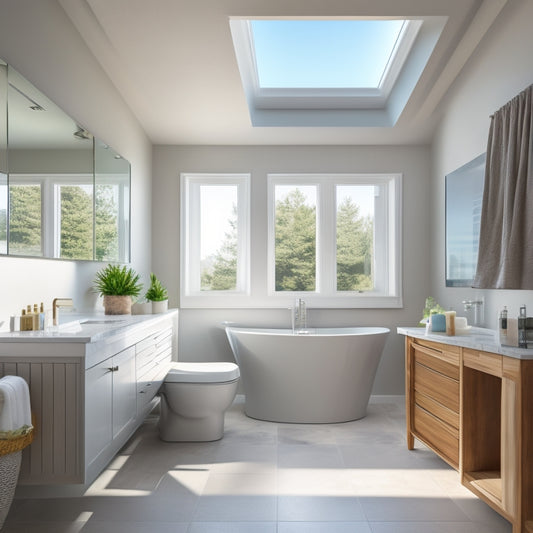 A serene, modern bathroom with a freestanding tub under a large skylight, surrounded by sleek, floor-to-ceiling cabinets, and a floating vanity with a wall-mounted toilet.