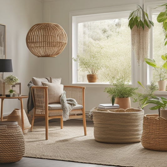 A serene, minimalist living room with woven baskets in natural materials, strategically placed to store books, decorative items, and cozy throw blankets, surrounded by lush green plants and warm, soft lighting.