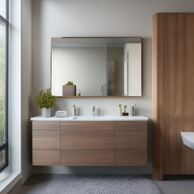 A sleek, modern bathroom featuring a wall-mounted sink with clean lines, a rectangular mirror above, and a floating cabinet in a warm wood tone, set against a soft, gray-toned background.