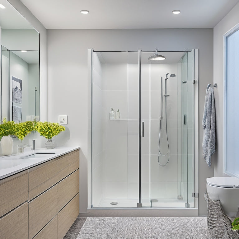 A modern bathroom with sleek, wall-mounted cabinets in matte white and chrome accents, featuring recessed LED lighting, and a large walk-in shower with frameless glass doors and a rainfall showerhead.