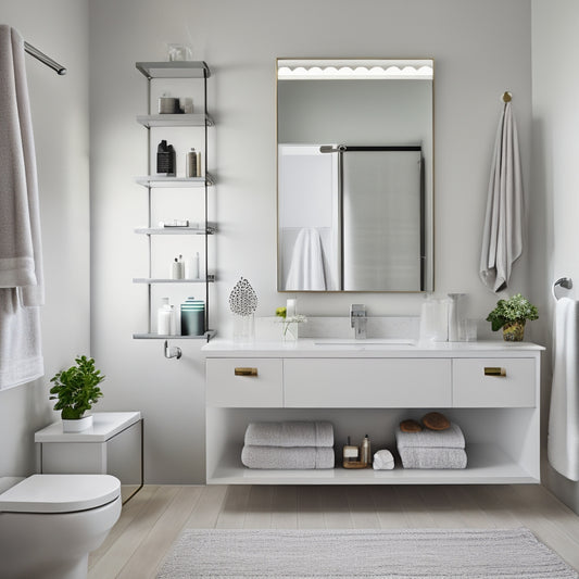 A sleek, modern bathroom with white walls and gray flooring, featuring two floating shelves with rolled towels and decorative soap dispensers, beneath a large, round mirror.