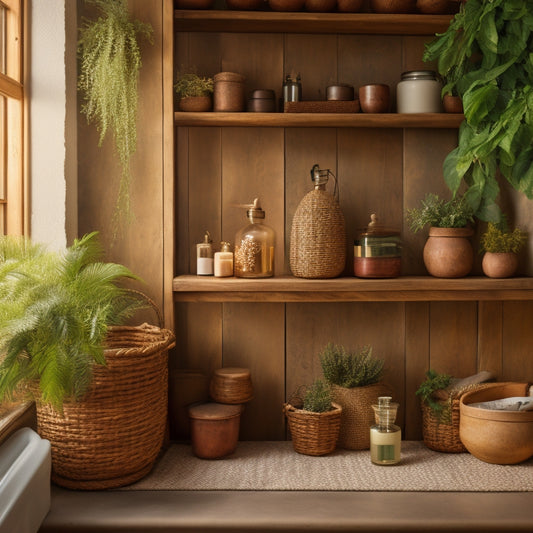 A warm, earthy-toned bathroom with reclaimed wooden wall shelves, adorned with potted greenery, woven baskets, and vintage apothecary jars, set against a soft, creamy backdrop.