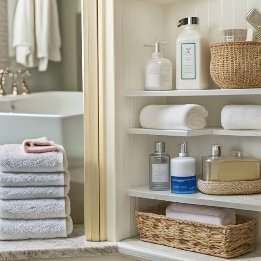 A neatly organized, open guest bathroom cabinet with three rolled towels in a compact, vertical stack, surrounded by matching toiletries and a decorative soap dispenser on a marble countertop.