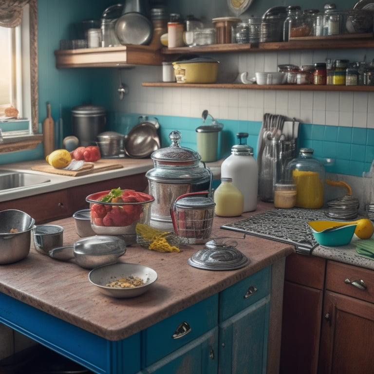 A messy kitchen countertop cluttered with scattered utensils, expired condiments, and dusty appliances, with a hint of hidden chaos underneath the clutter, revealed by a slightly ajar cabinet door.