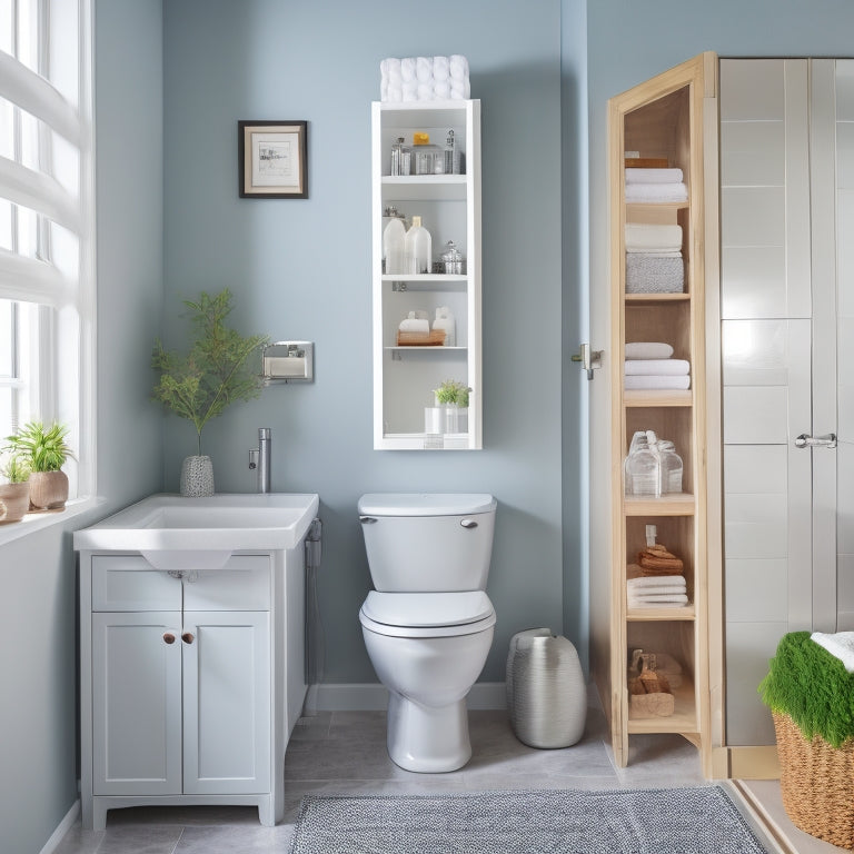 A tidy, compact bathroom with a white pedestal sink, gray walls, and a large mirror, featuring a wall-mounted shelf with baskets, a over-the-toilet storage cabinet, and a shower caddy with hooks.