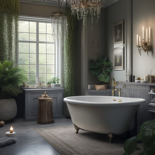 A serene bathroom scene with a freestanding tub, surrounded by lush greenery, candles, and a statement chandelier, featuring a mix of natural stone and marble accents.