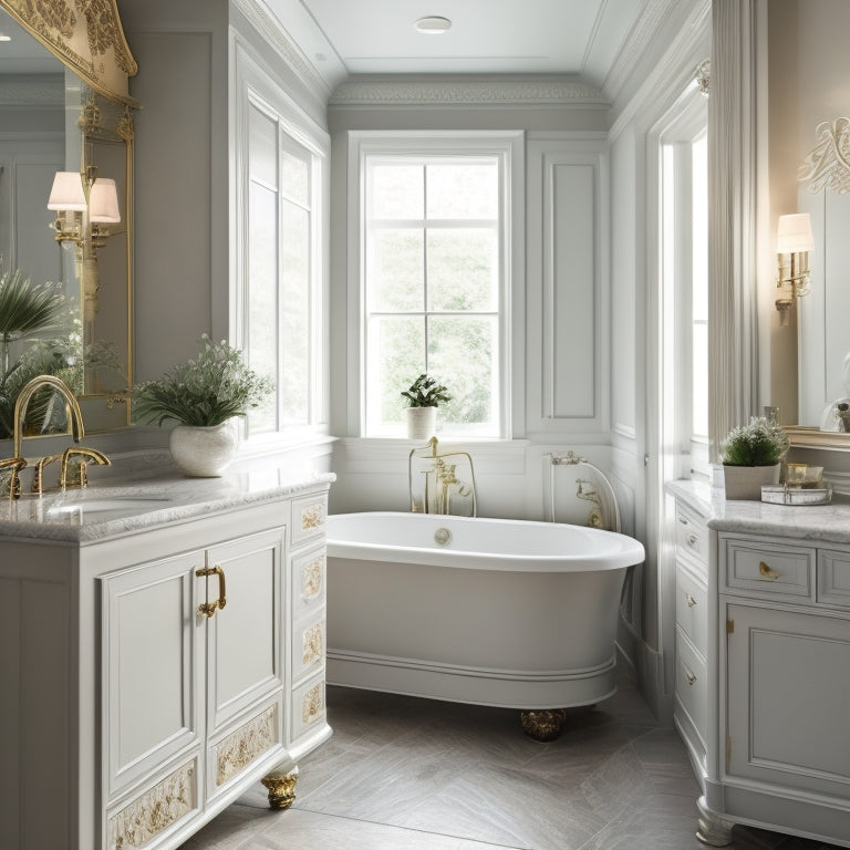 A serene bathroom with a floor-to-ceiling cabinet featuring soft-close doors, frosted glass panels, and ornate metal hardware, surrounded by creamy marble countertops and a freestanding tub.