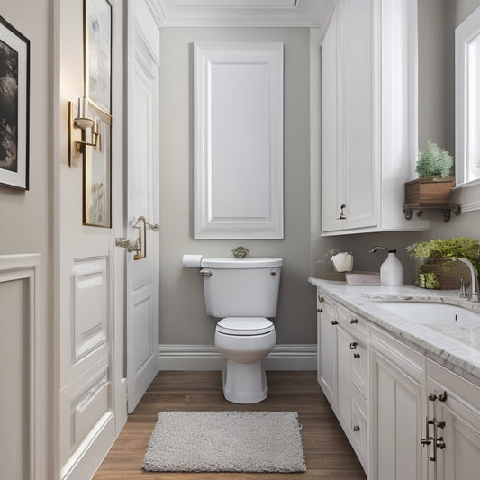 A modern bathroom with a sleek, white, floor-to-ceiling over-the-toilet storage cabinet featuring adjustable shelves, soft-close doors, and a crown molding top, surrounded by creamy walls and dark wood flooring.