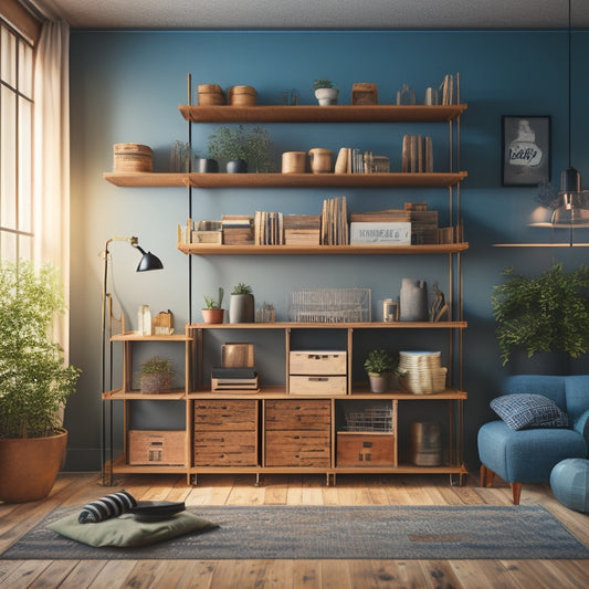 A stylized illustration of a compact, modern room with 5-7 creative shelving units made from repurposed crates, reclaimed wood, and industrial pipes, showcasing maximized storage and minimal decor.