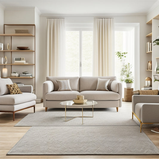 A serene, minimalist living room with a neutral color palette, featuring a sleek, low-profile sectional sofa, a geometric-patterned rug, and a floor-to-ceiling shelving unit with neatly arranged decorative objects.