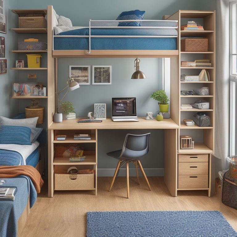 A clutter-free dorm room with a compact, multi-tiered shelving unit, stacked storage bins, and a lofted bed with built-in desk and storage drawers underneath.