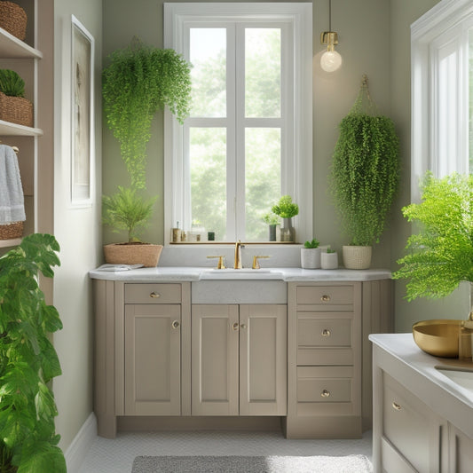 A serene bathroom with a sleek vanity, illuminated by soft natural light, featuring three corner shelves in different styles, each showcasing decorative bathroom essentials and lush greenery.