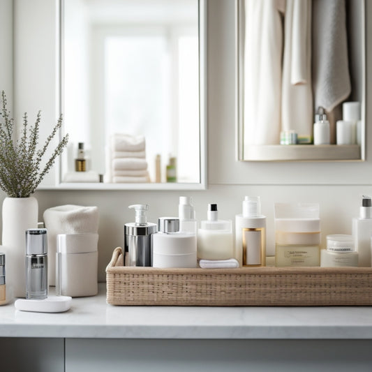 A serene bathroom with drawers open, revealing neatly arranged toiletries, skincare products, and beauty tools, each item precisely placed within dividers and baskets, surrounded by calming whites and soft grays.