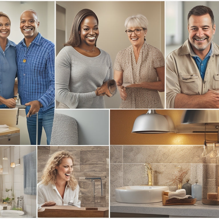 A warm and inviting background with a collage of diverse employees from different age groups and ethnicities, smiling and interacting with each other, surrounded by bathroom fixtures and renovation tools.