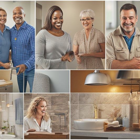 A warm and inviting background with a collage of diverse employees from different age groups and ethnicities, smiling and interacting with each other, surrounded by bathroom fixtures and renovation tools.
