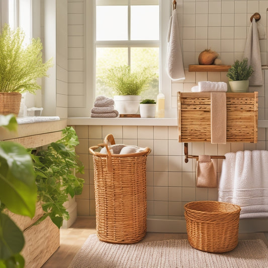 A clutter-free bathroom with a repurposed wooden crate as a storage shelf, wicker baskets, and a tension rod holding towels, surrounded by calming greenery and soft, natural light.