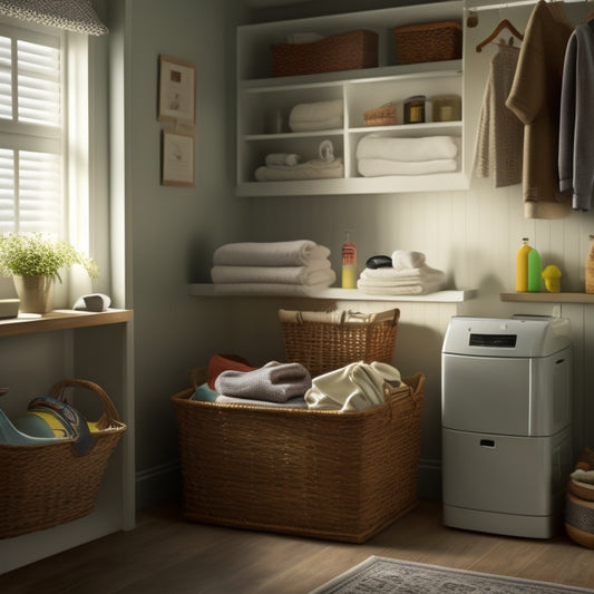 A tidy, well-organized laundry room with a calendar on the wall, a basket of folded clothes, and a few cleaning supplies on a shelf, surrounded by a subtle, soft glow.