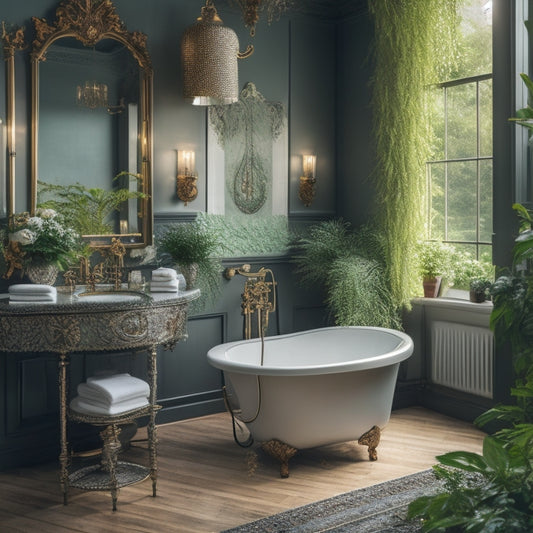 A serene, well-lit bathroom with a freestanding tub, surrounded by lush greenery, and adorned with a stunning chandelier, showcasing a blend of modern and vintage elements.