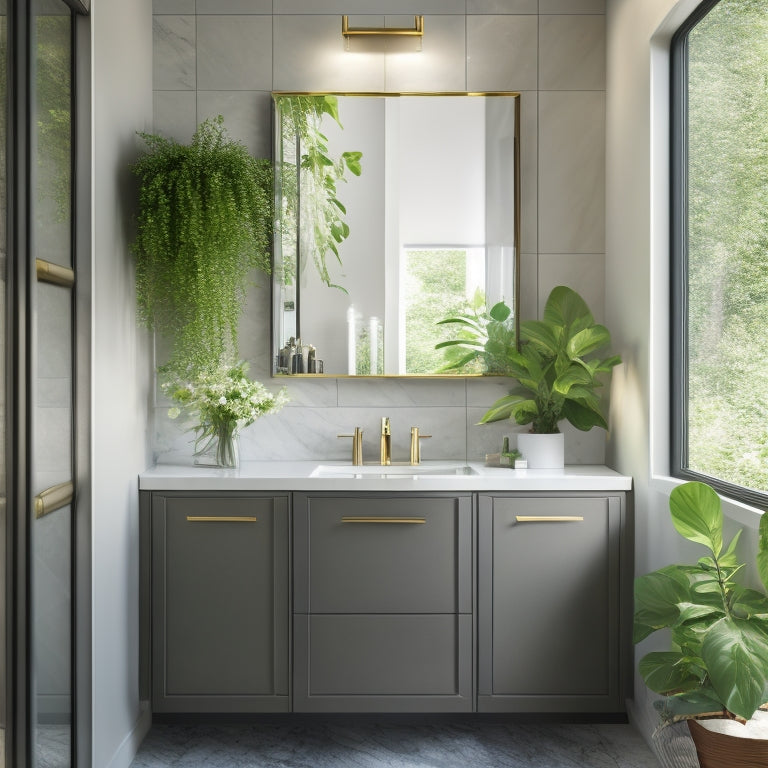 A sleek, contemporary bathroom featuring a wall-mounted mirrored cabinet above a stylish sink, reflecting natural light, with elegant fixtures, lush greenery, and neutral-toned tiles creating a serene, modern aesthetic.