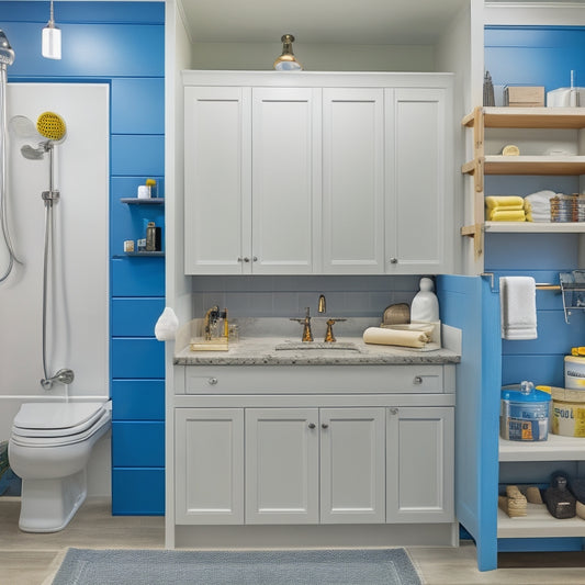 A bathroom with a partially installed overhead cabinet, measuring tape, level, and drill on the counter, surrounded by tools and hardware, with a faint outline of a completed cabinet above.