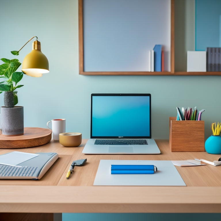 A serene, minimalist workspace with a wooden desk, a neatly organized laptop stand, and a trio of color-coded file folders, surrounded by a few carefully placed, sleek office supplies.