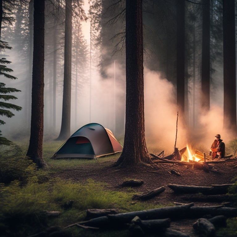 A serene forest landscape at dawn with a pitched tent, camping gear, and a backpack organized beside a crackling campfire, surrounded by towering trees and a misty atmosphere.